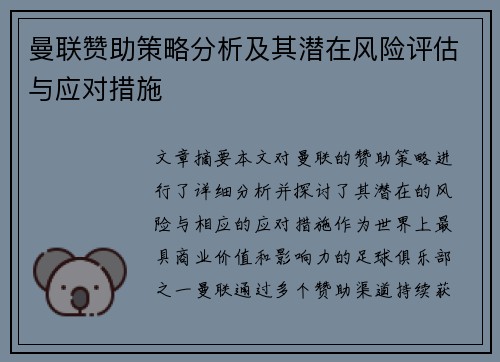 曼联赞助策略分析及其潜在风险评估与应对措施