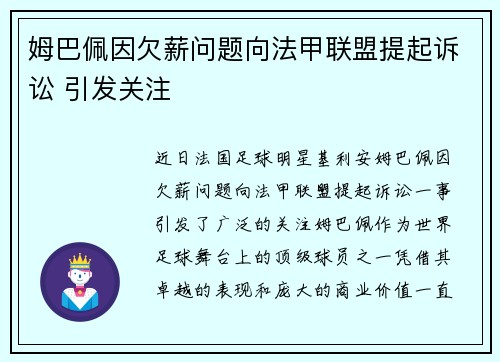 姆巴佩因欠薪问题向法甲联盟提起诉讼 引发关注 姆巴佩因欠薪问题向法甲联盟提起诉讼 引发关注